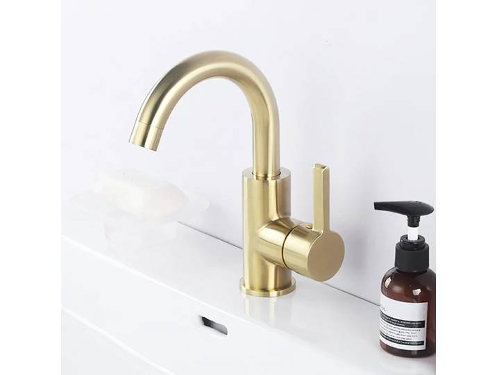 Robinet de lavabo de salle de bain en laiton doré brossé, mitigeur monocommande eau froide et chaude, robinet rotatif pour lavabo
