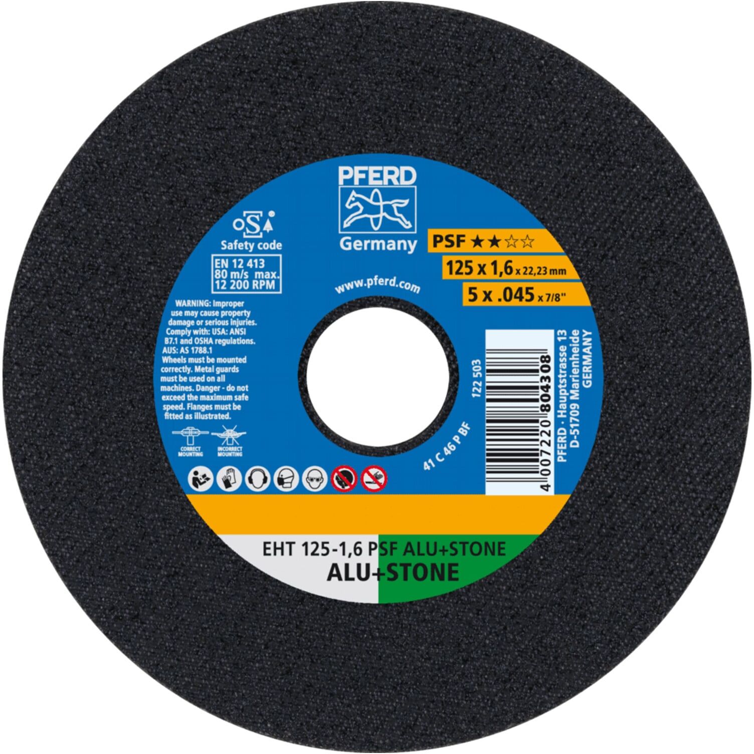 PFERD TOOLS Trennscheibe EHT 125x1,6x22,23 mm gerade Uni.-Linie PSF ALU+STONE für Alu/NE-Met./Stein/PVC (61819021)