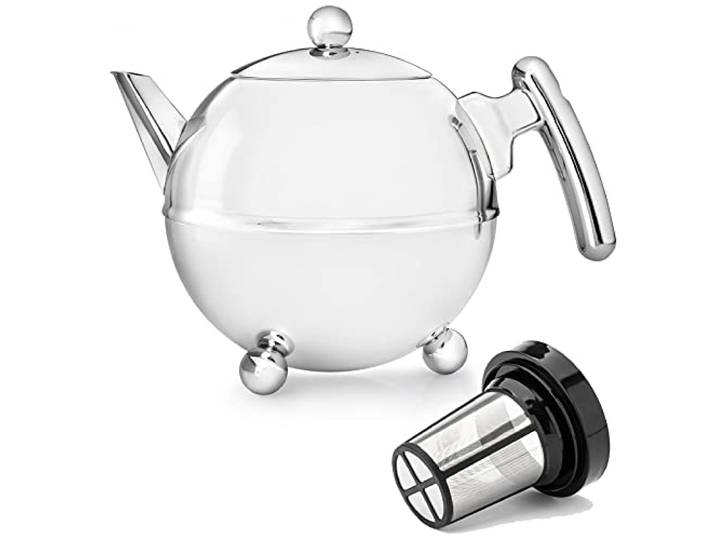 Bredemeijer Bella Ronde Edelstahl-Teekannen-Set 1.5 L - Große doppelwandige Edelstahlkanne in Kugelform mit Füßen, silber - Mit Tee-Filter Sieb-Aufsatz für losen & Blätter-Tee