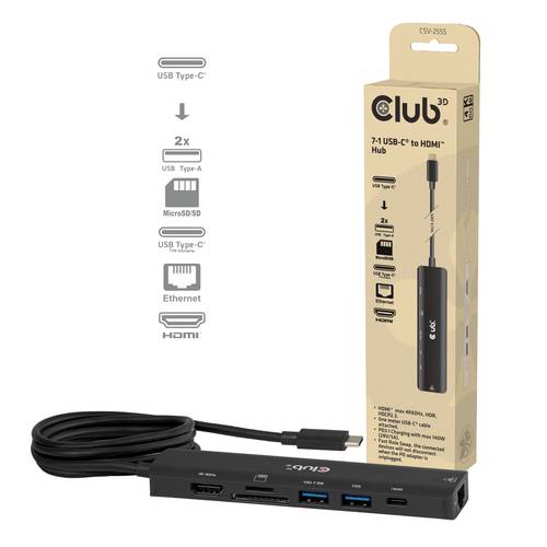 Club3D CSV-2555 USB-Hub 7 Port USB-A, RJ45, HDMI, microSD, SD, USB-C PD Schwarz