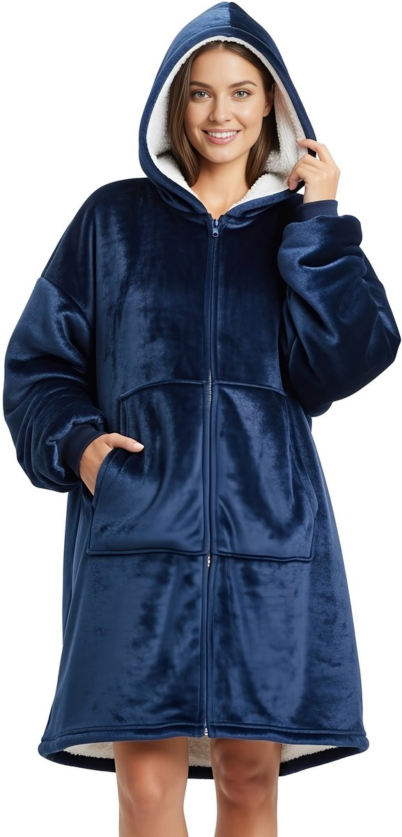 JAXY Hoodie Deken met Rits voor volwassenen - Fleece Deken met Mouwen - Oversized Deken Trui - Navy Blue