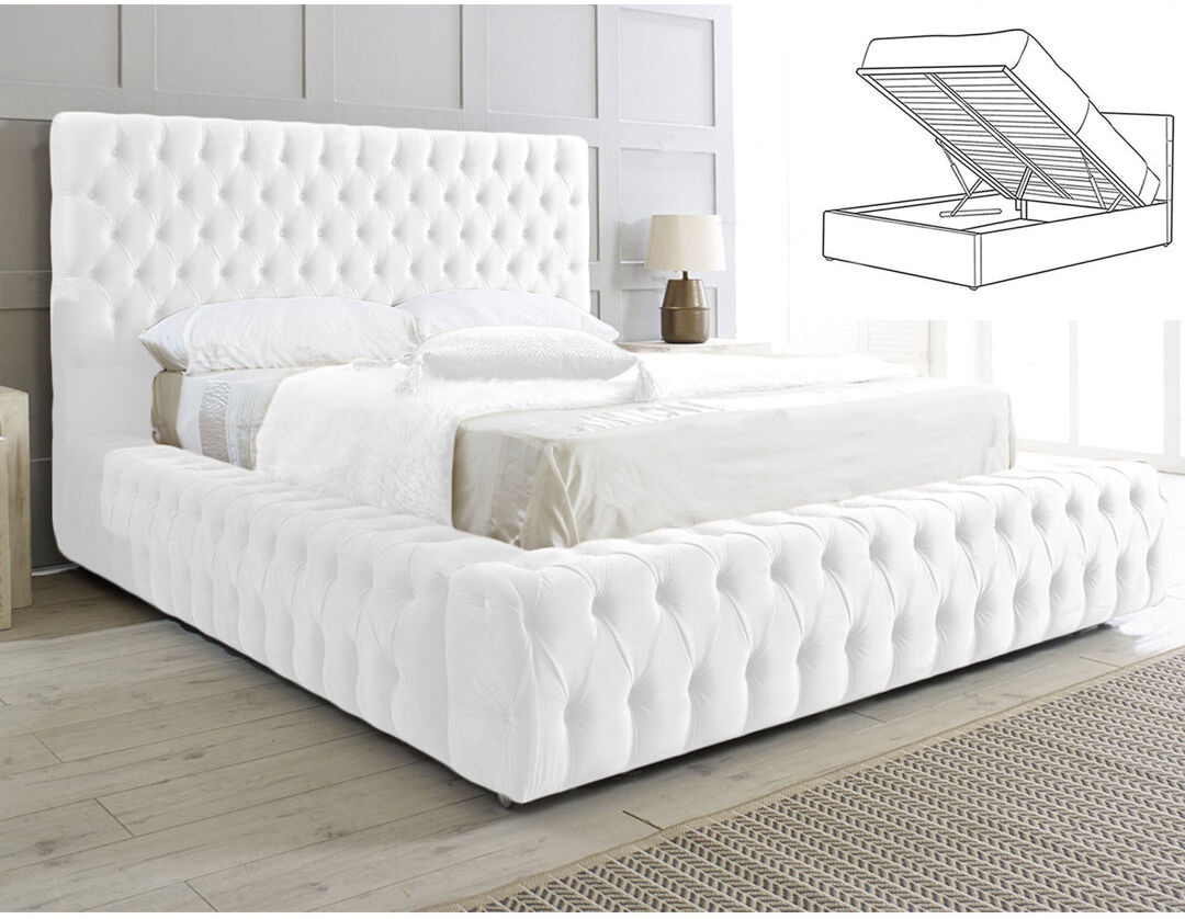 Britainsleep Elite Elegance Ambassador Ottoman Storage Bed - Premium Upholstered Velvet Bed Frame with Tall Headboard White Double (4'6)