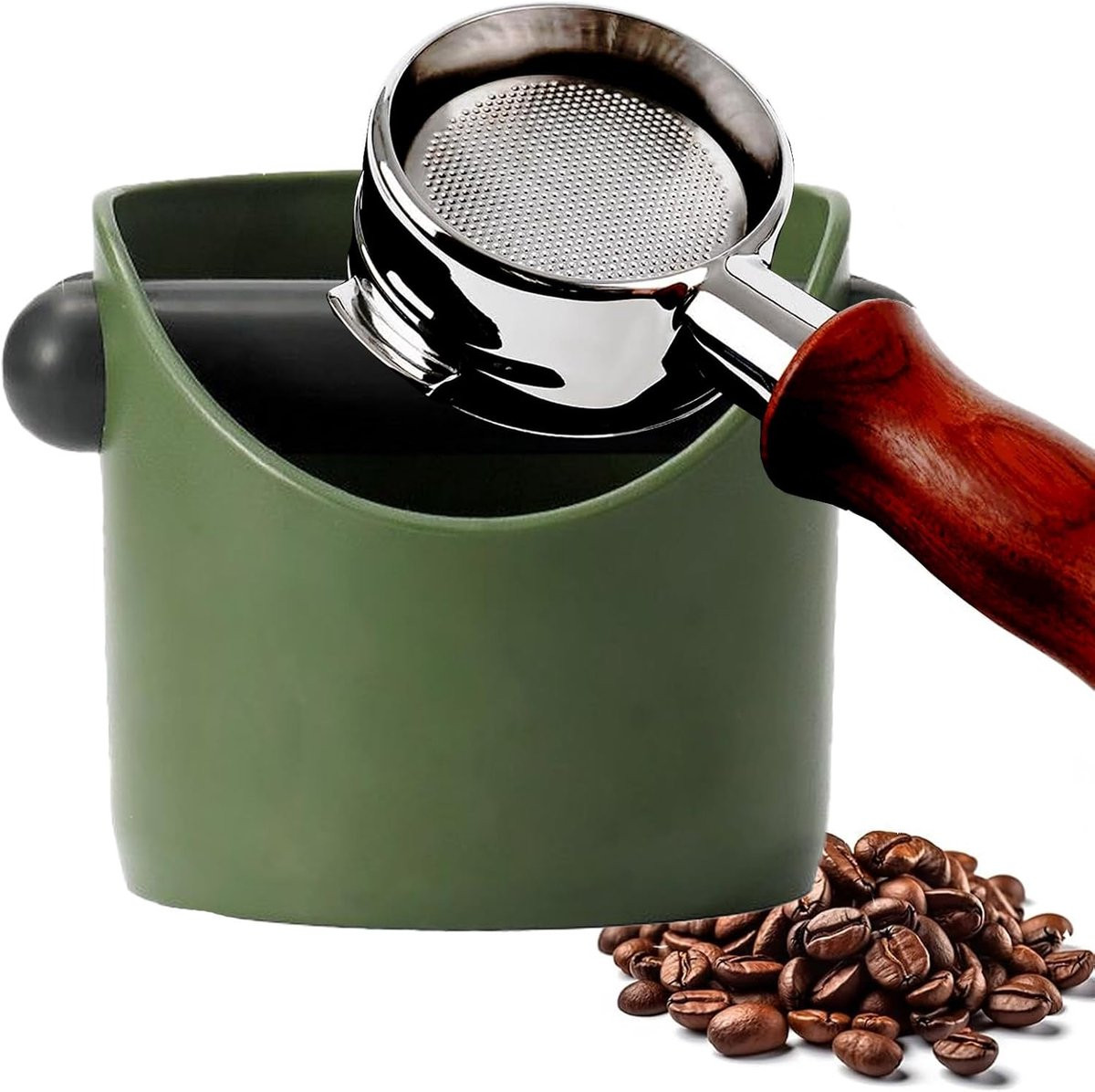 Legergroene mini espresso afklopbak met schokabsorberende verwijderbare afklopstang en anti-slip basis voor barista accessoires