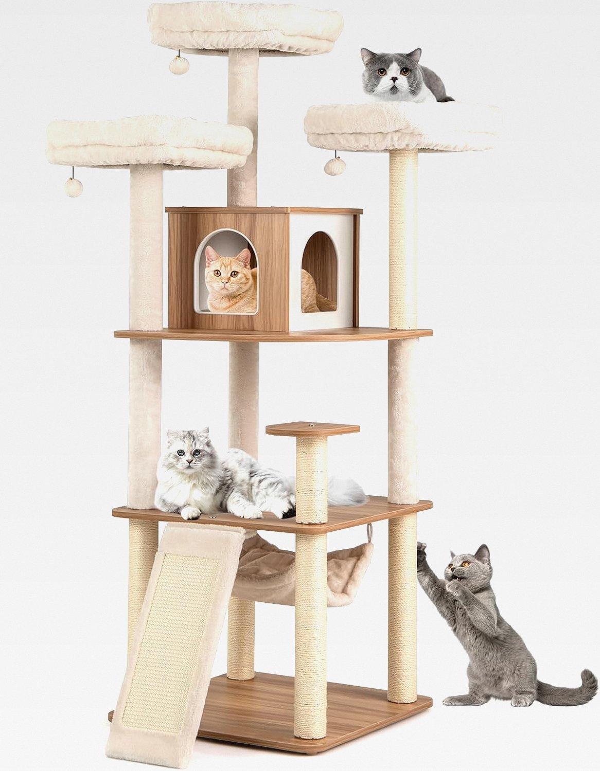 168 cm Kratzbaum Holz, mehrstöckiger Katzenkratzbaum Groß, Katzen Katzenbaum mit Höhle, Leiter, Matten, Bällen & Hängematte, Aktivitätsbaum Katzenmöbel Spielhaus Kletterbaum, Beige+Natur