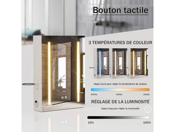 Armoire à miroir de salle de bains à LED, variateur de Mode 3 couleurs, armoire murale, armoire à pharmacie de salle de bains avec étagère réglable, désembueur à mémoire