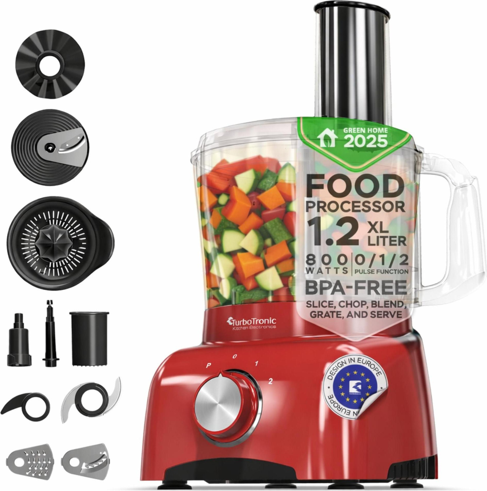 TurboTronic 800W multifunctionele keukenmachine FP800 met 1,2 liter kom, hakmolen, citruspers en mixer, zwart/rood