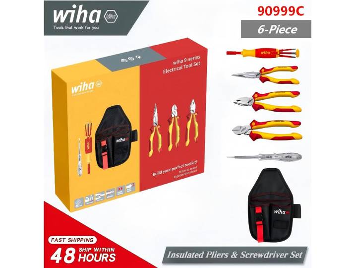 Wiha 90999C Kit d'outils d'électricien isolés VDE 1000V 6 pièces, jeu de pinces et tournevis multifonctions avec sac de rangement portable