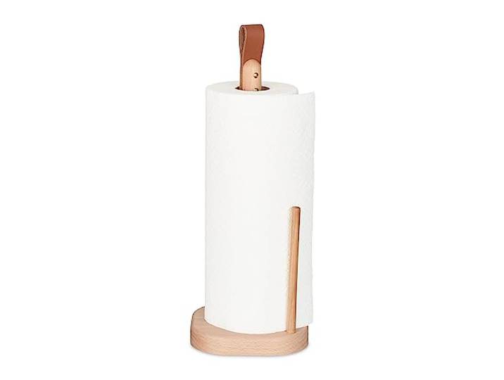 Relaxdays Dérouleur Non Fixe pour essuie-Tout\, Bois de hêtre\, H x L x P : 35 x 13 x 13 cm\, Support\, poignée Cuir\, Nature