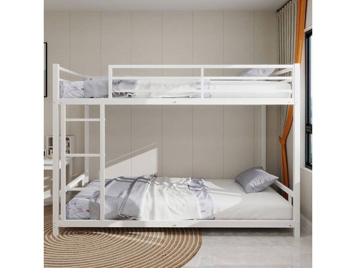 Lit superposé Métal 2 lits simples stable silencieux sécurité sans ressorts nécessaires Blanc