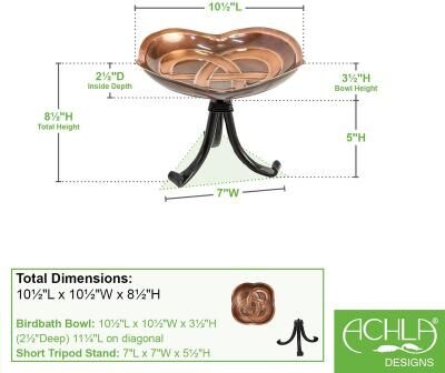 Achla Designs Celtic Dara Knot Birdbath w/Tripod Stand, 10.5 Inch Diameter, Antique Copper Finish