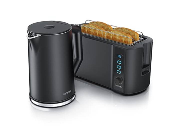 Arendo Wasserkocher Toaster Set Schwarz, 1,5 l 40 bis 100 °C, 4 Scheiben Edelstahl Wasserkocher mit Temperatureinstellung, Warmhaltefunktion, Langschlitztoaster mit Brötchenaufsatz, beide in Schwarz