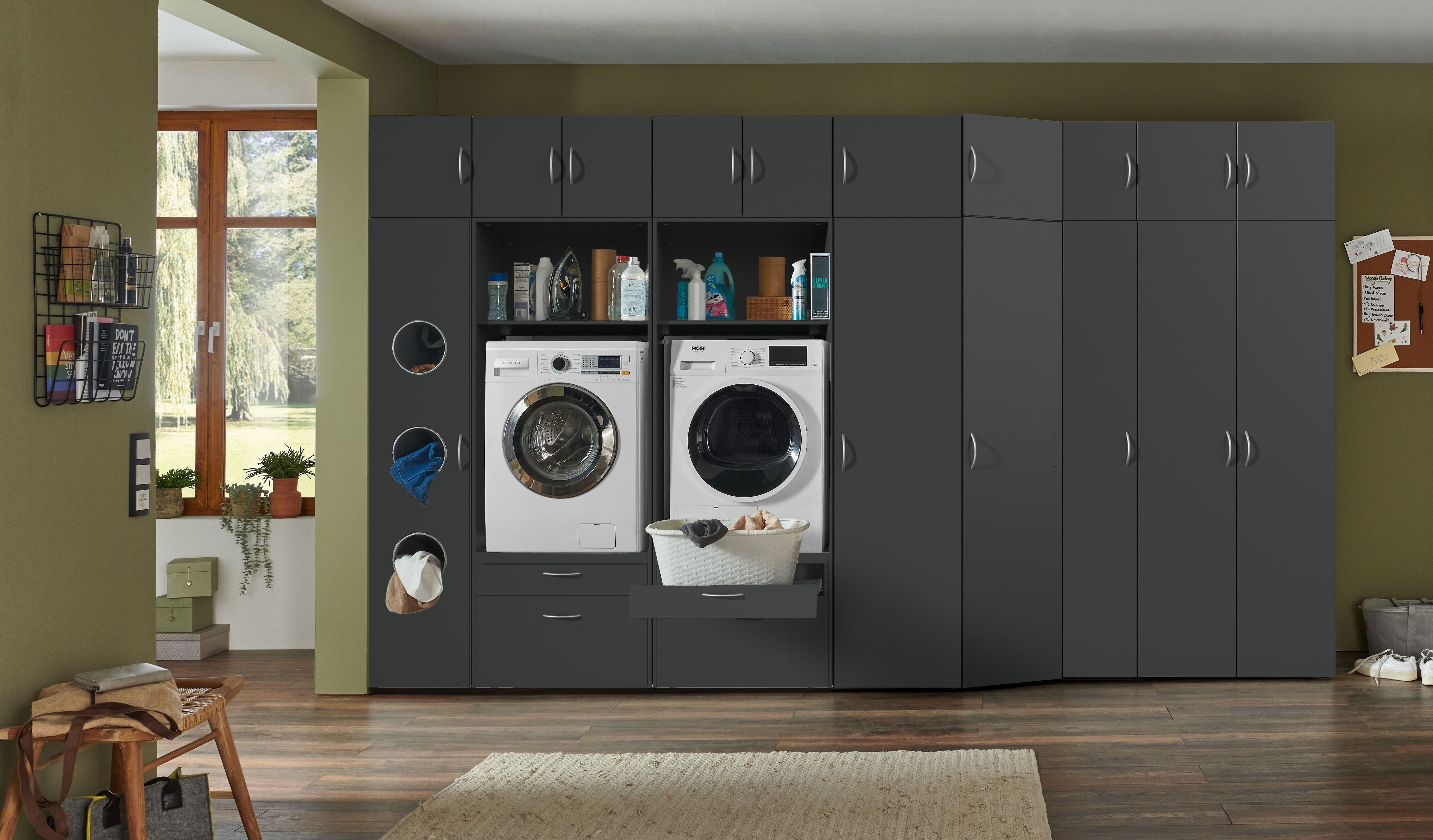 Mehrzweckschrank WIMEX "Multiraumkonzept, praktische Waschmaschinenlösung, Breite: 380cm", grau (grafit), B:380cm H:225cm T:69cm, Schränke, Mehrzweckschrank, erhältlich in den Farben grafit oder weiss grafit Grafit, B/H/T: 380cm x 225cm x 69cm