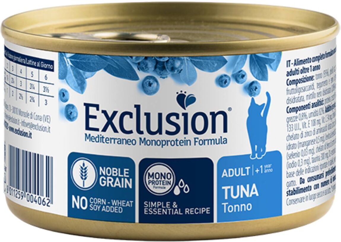 Exclusion Mediterraneo Monoproteico Noble Grain Cat Adult Tonno Alimento Umido per Gatti Adulti 85 g