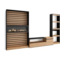 SKRAUT HOME Wohnzimmermöbel TV, Wohnzimmer Wandsystem, 320x35x186cm, Elektrokamin, Moderner Stil, Eiche und Schwarz _ 91_15