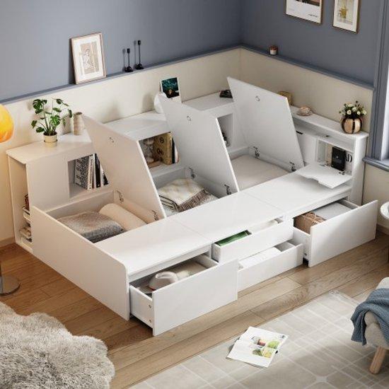 Einzelbettkasten, 90*200 cm, weiß, multifunktional mit Lade, Bücherregal und Schublade, ohne Matratze