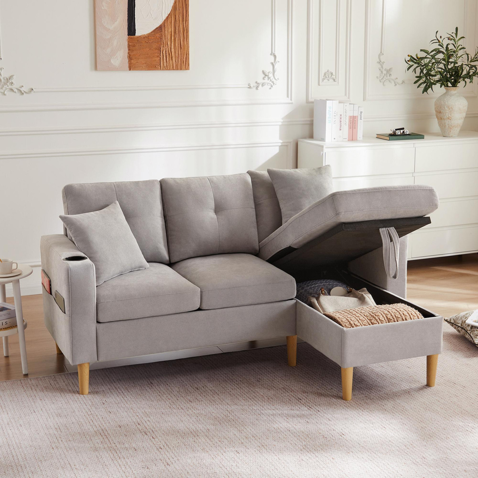 Fortuna Lai Gmbh Moderne L-vormige 3-zits bank met chaise longue, opbergruimte, bekerhouder en 2 kussens