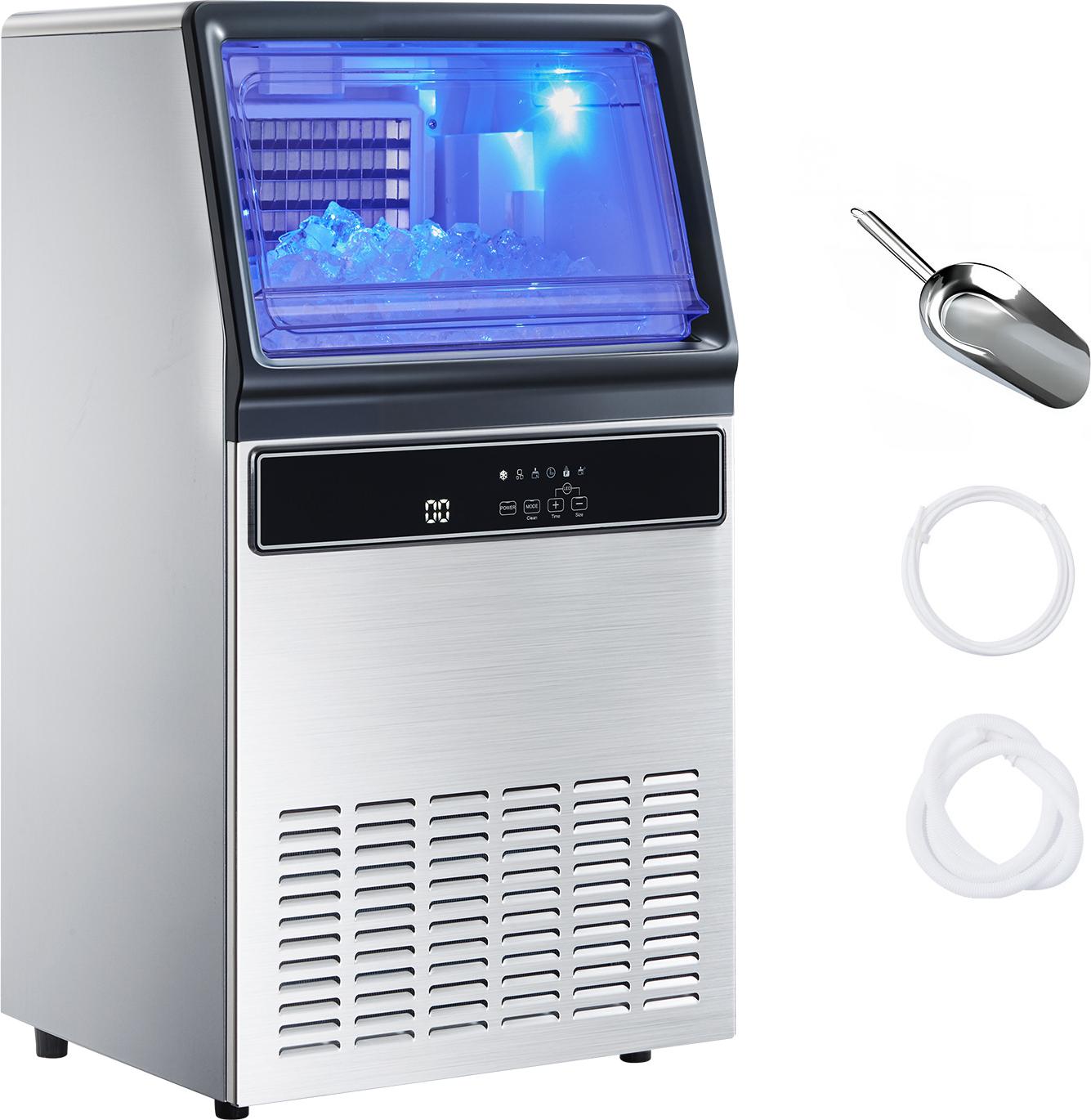 SucceBuy Kommerzielle Eismaschine aus Edelstahl, produziert bis zu 59 kg Eiswürfel täglich, mit 15 kg Speicher, freistehend oder unter der Theke platzierbar, ausgestattet mit LED-Anzeige und Selbstreinigungsfunktion