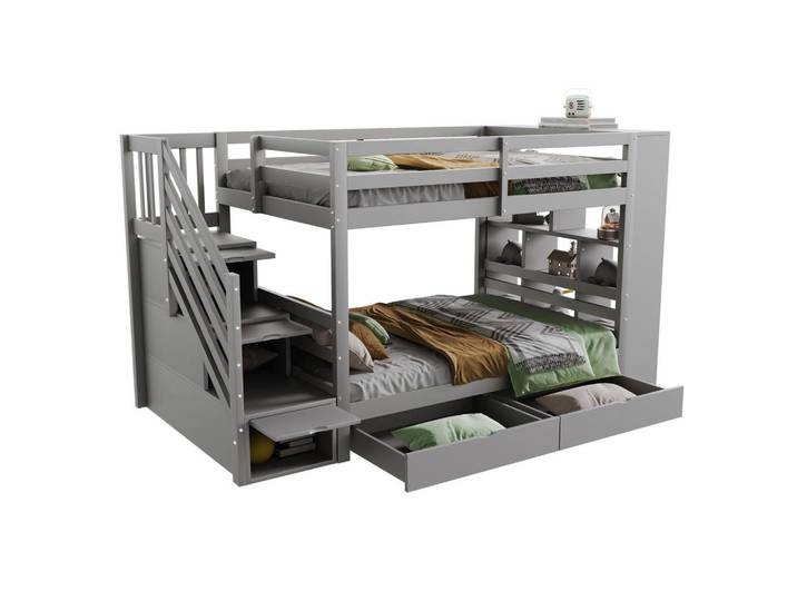 Okwish Etagenbett 90/200 cm Grau mit Sicherheitstreppe und Stauraum, Holz, 90x200 cm, Babymöbel & Kindermöbel, Kinderzimmer & Jugendzimmer, Stockbetten