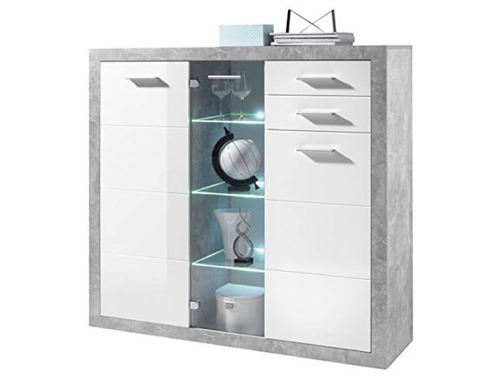 STONE Kommode mit Schubladen in Beton Optik, Weiß Hochglanz - Moderne Kommode mit viel Stauraum für Ihren Wohnbereich