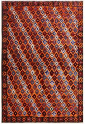 Treasured Knots Tribal Balochi Hanna Orange/Black Hand Knotted Wool Rug - 5'1'' x 6'8''