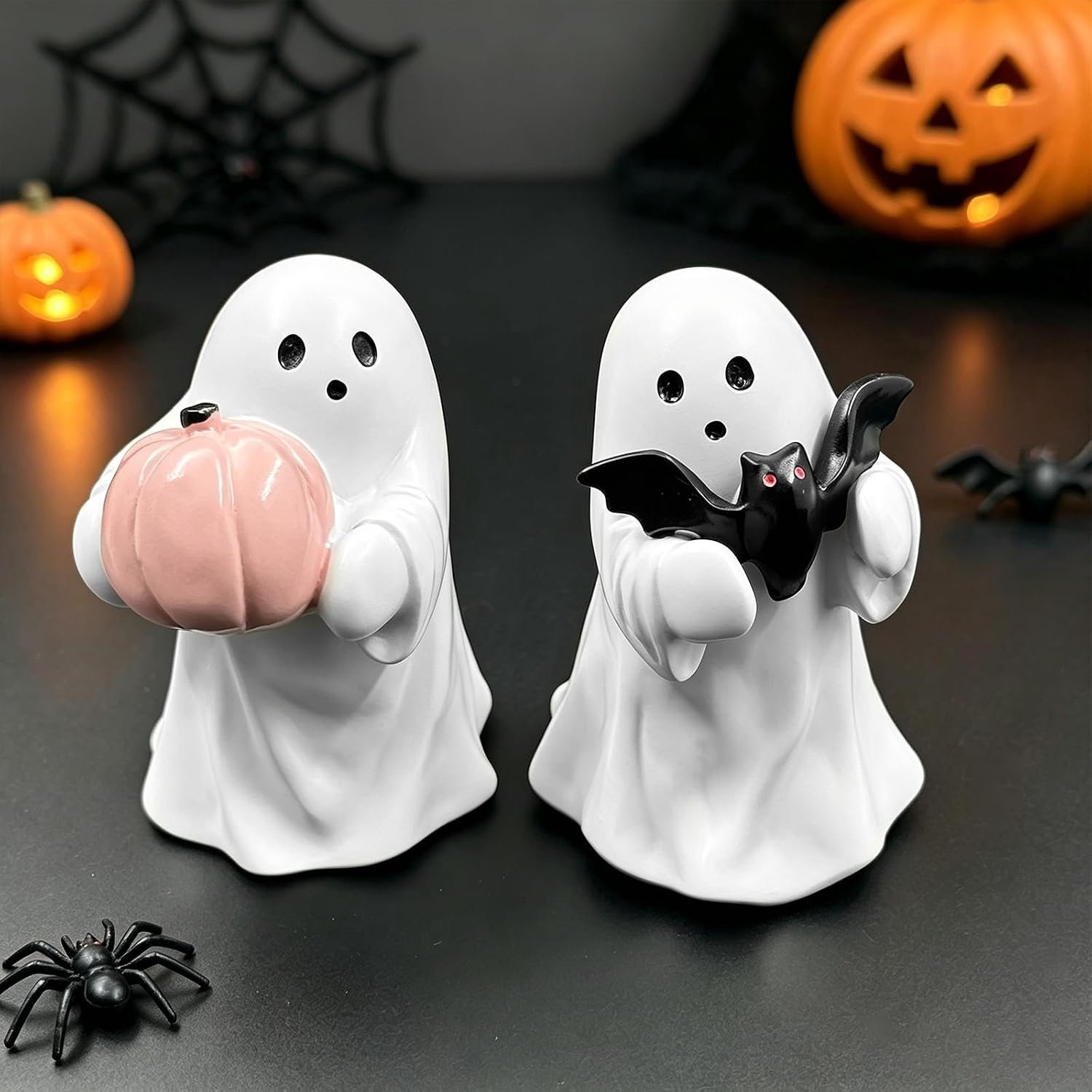 Vemera Halloween decoratieve spookfiguren met vleermuis en pompoen, 2 stuks