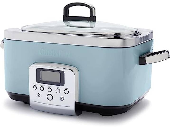 GreenPan Elite 8-in-1 Programmierbarer 6L Slow Cooker Multikocher,Spülmaschinenfester Deckel & Topf,PFAS-freie Gesunde Keramische Antihaftbeschichtung zum Braten,Schmoren,mit Dampfgareinsatz,Blue Haze