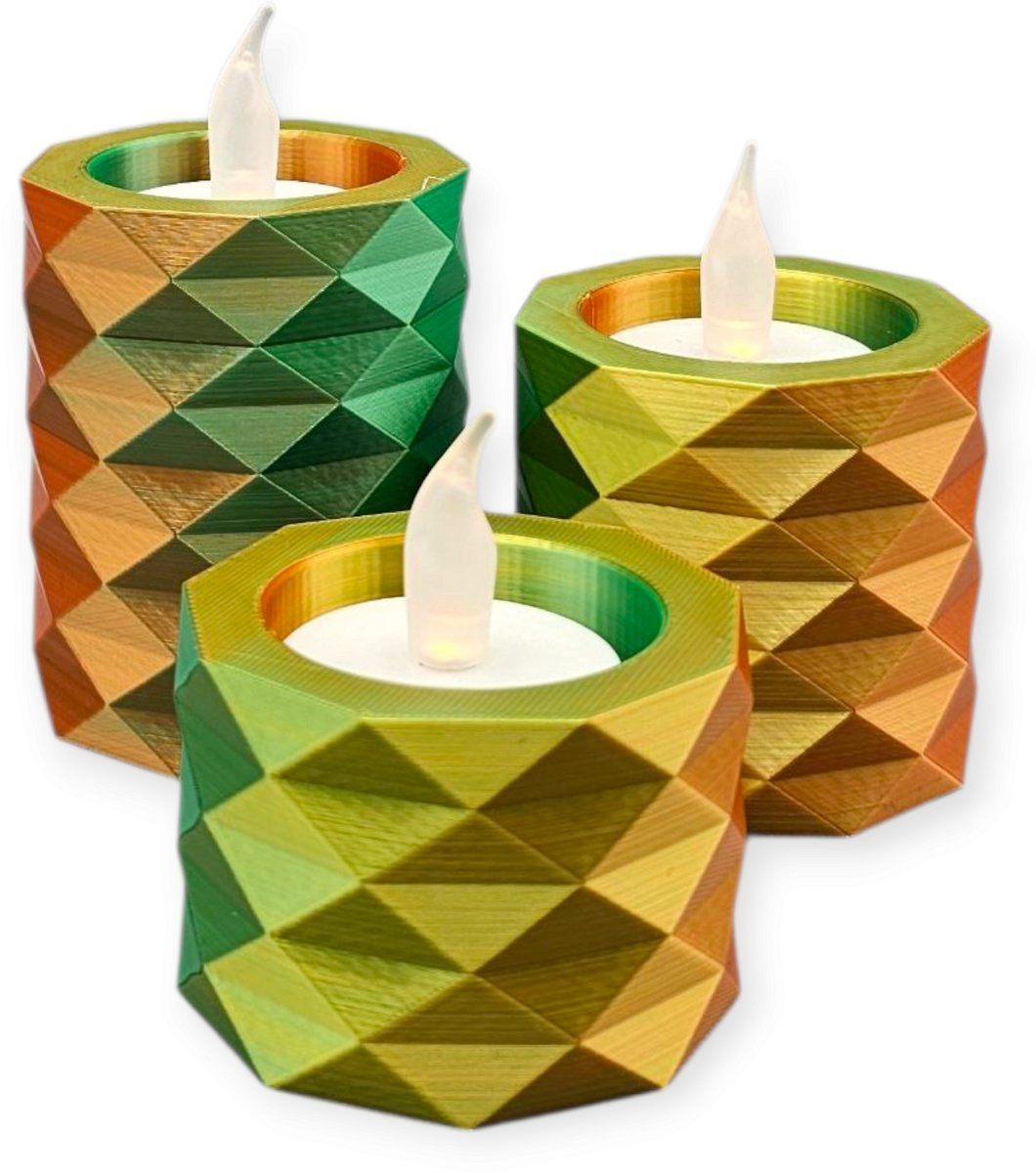 Layerzz Set van 3 3D-geprinte waxinelichthouders met LED-verlichting - Fire night goud groen geel - Meerkleurig