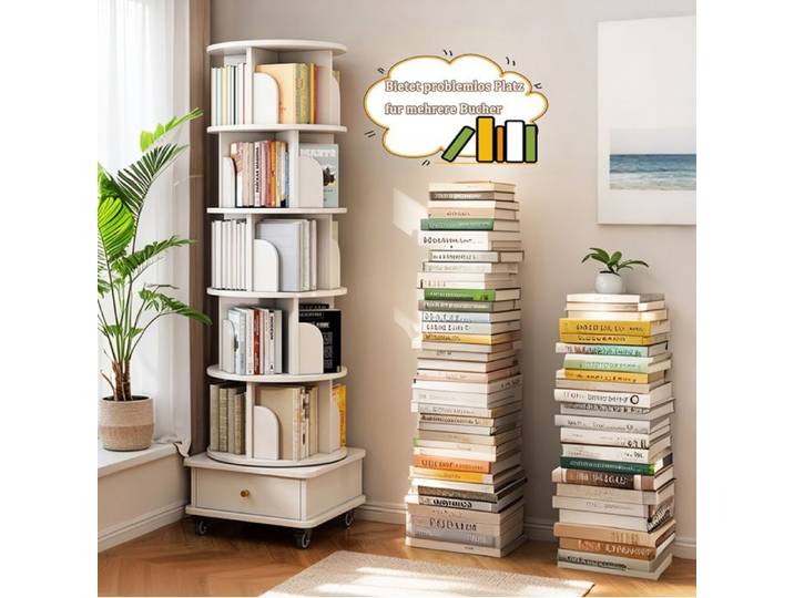Bibliothèque rotative 6 niveaux avec tiroir et roulettes - BEAUNIV - Gain de place en MDF blanc 46 × 46 × 173 cm