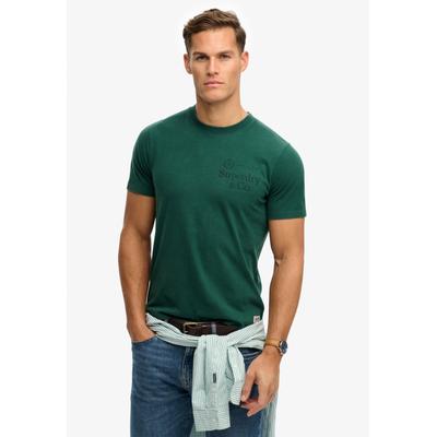 Rundhalsshirt SUPERDRY "1954 Company Relaxed Tee", Herren, Gr. L, grün (varsity grün), Single Jersey, Obermaterial: 100% Baumwolle, bedruckt, relaxed fit normal, Rundhals, Shirts Rundhalsshirt, Baumwolle, relaxed fit