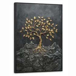 LEINWAND Bilder mit Rahmen - Blätter - Gold - Baum - Fels - 50x70