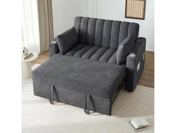 Canapé-lit - KOMHTOM - KOMHTOM - 2 places convertible - Tissu coton-lin gris - Porte-gobelets & coussins