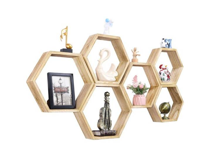 Étagères murales hexagonales - HOME FIT TRAINING - Lot de 6 - Bois massif - Pré-assemblées - Multicolore