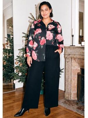 Plus Size Women's Cece Printed Button Up Blouse by Avenue in Black Floral Burst (Size 14)