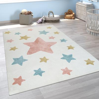 Paco Home Nursery Rug with Stars for Kids Room Starry Sky in Grey and Cream