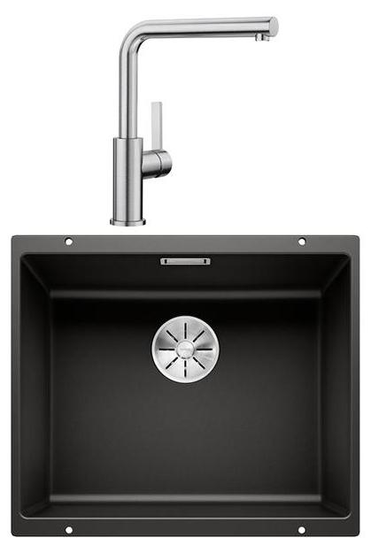 Spülbecken-set in schwarz + mischbatterie aus gebürstetem edelstahl Blanco 528440