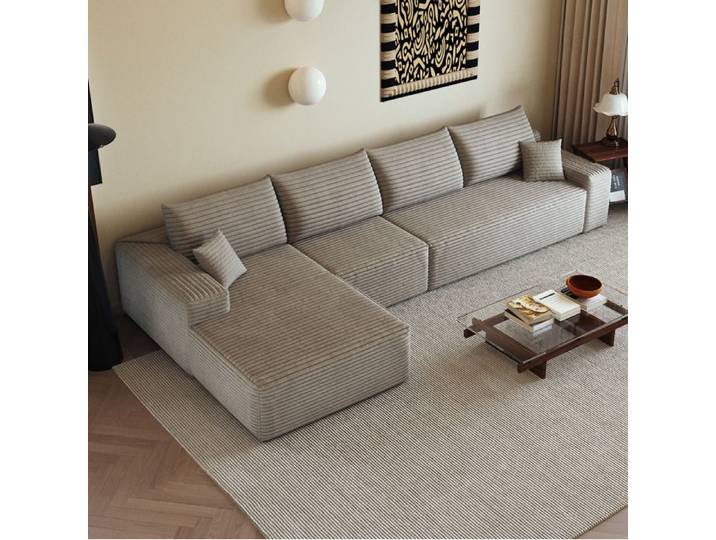 MEULVA Canapé d'angle modulable compressé 340 cm chaise longue gauche tissu corduroy camel sans montage