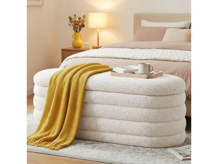 Ckaff Sitzbank mit Stauraum 115cm, Sitzbank mit Beinen, Oval, Aufbewahrungsbox, bis 300 kg belastbar, Gepolstert, mit Stauraum, Schlafzimmer, Flur, Polsterhocker, Sherpa, Weiß