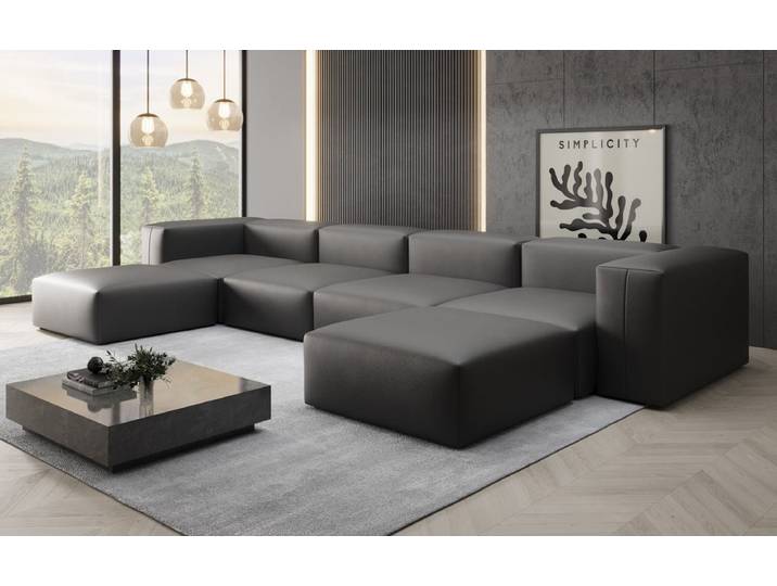 Designer U Sofa Snug in Echtleder - Schwarz - Luxusbetten24