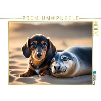 CALVENDO Puzzle Dackelwelpe kuschelt mit kleinem Seehund am Strand | 2000 Teile Lege-Größe 90 × 67 cm Foto-Puzzle für glückliche Stunden, von ,