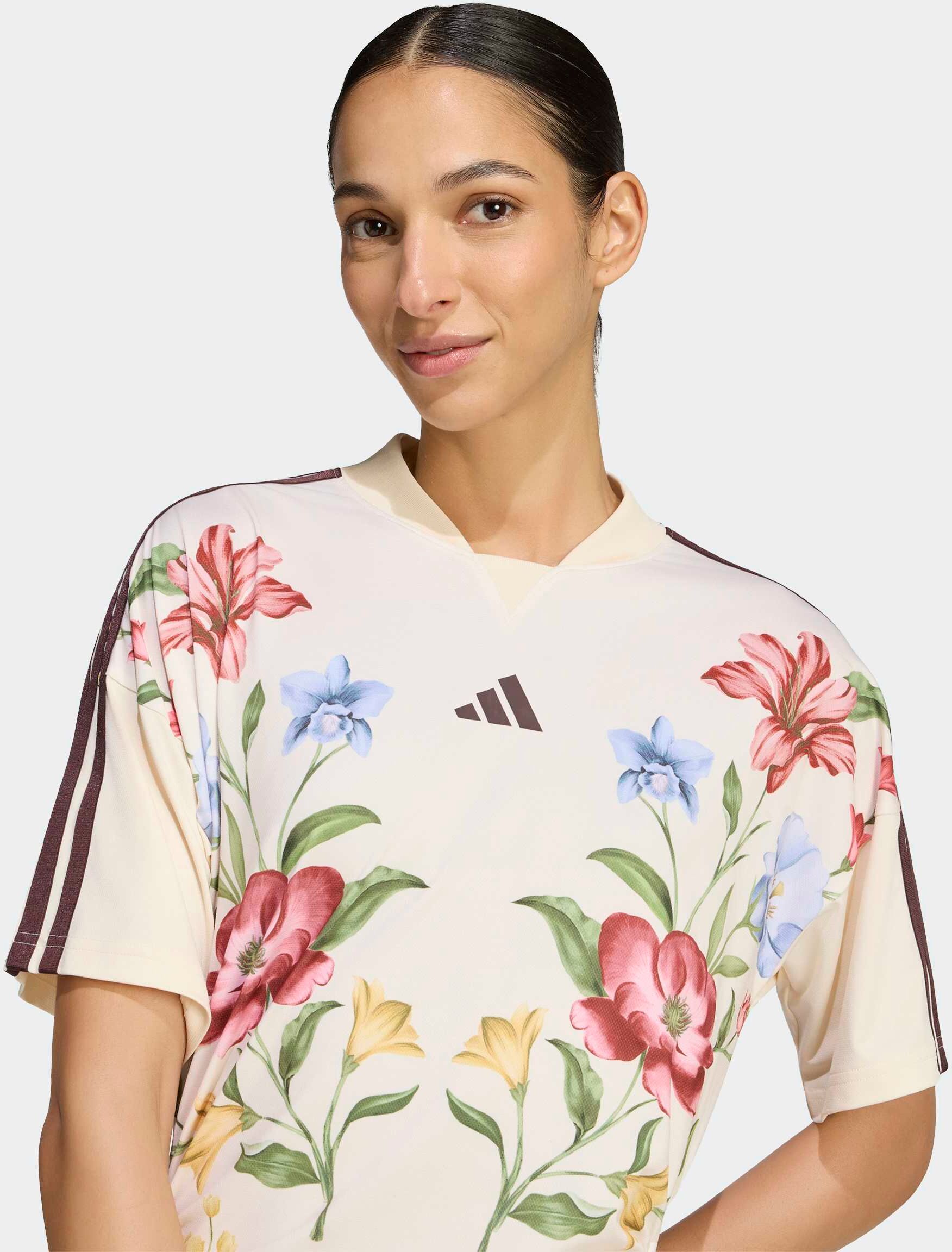 Shirtkleid ADIDAS SPORTSWEAR "ADIDAS X FARM RIO PREMIUM DRESS", Damen, Gr. L, N-Gr, bunt (ecru tint, shadow braun, craft grün), Obermaterial: 86% Polyester, 14% Elasthan, Kleider Shirtkleid, Shirtkleid, für Sommermode und Sportmode, sportlicher Stil
