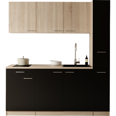 Küchenzeile RESPEKTA "Ingrid", schwarz (küche: schwarz, front: schwarz, eiche nordic, korpus: eiche nordic, arbeitsplatte: eiche nordic), B:180cm H:200cm T:60cm, Komplettküchen-Sets, Küchenzeile, zerlegt, wahlweise mit Kühlschrank,...