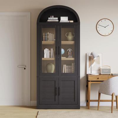 Garvee 72'' Tall Arched Bookcase with Wooden Doors and Glass Door, 4 Tier Display Bookshelf Storage Cabinet, Anti-Tipping Device