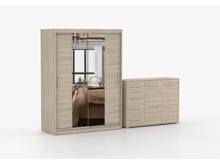 Schwebetürenschrank und Kommode 2-er Set VISTA 01/FRIDA 01 Sonoma Eiche Sonoma Eiche + Spiegel