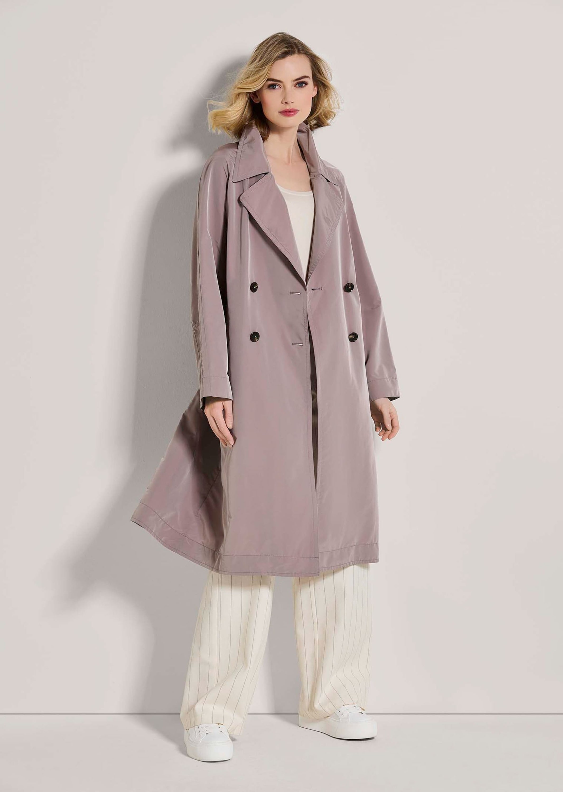 Trenchcoat MADELEINE "Trenchcoat Langer, zweireihiger Mantel, Bindegürtel", Damen, Gr. 38, rosa (mauve), Obermaterial: 100% Polyester PES., Modern, normal, Mäntel