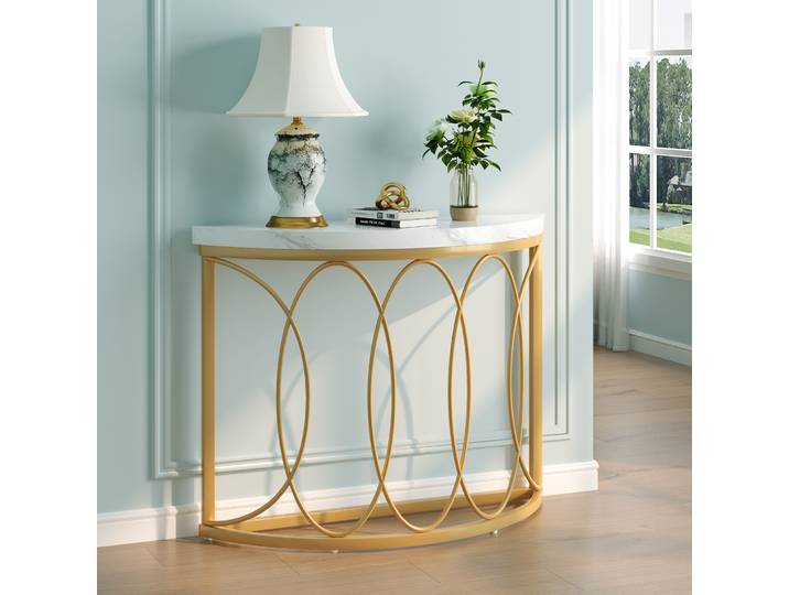 Tribesigns Table console demi-lune dorée, table d'entrée moderne de 43 pouces, table de canapé semi-cercle étroite avec cadre en métal géométrique