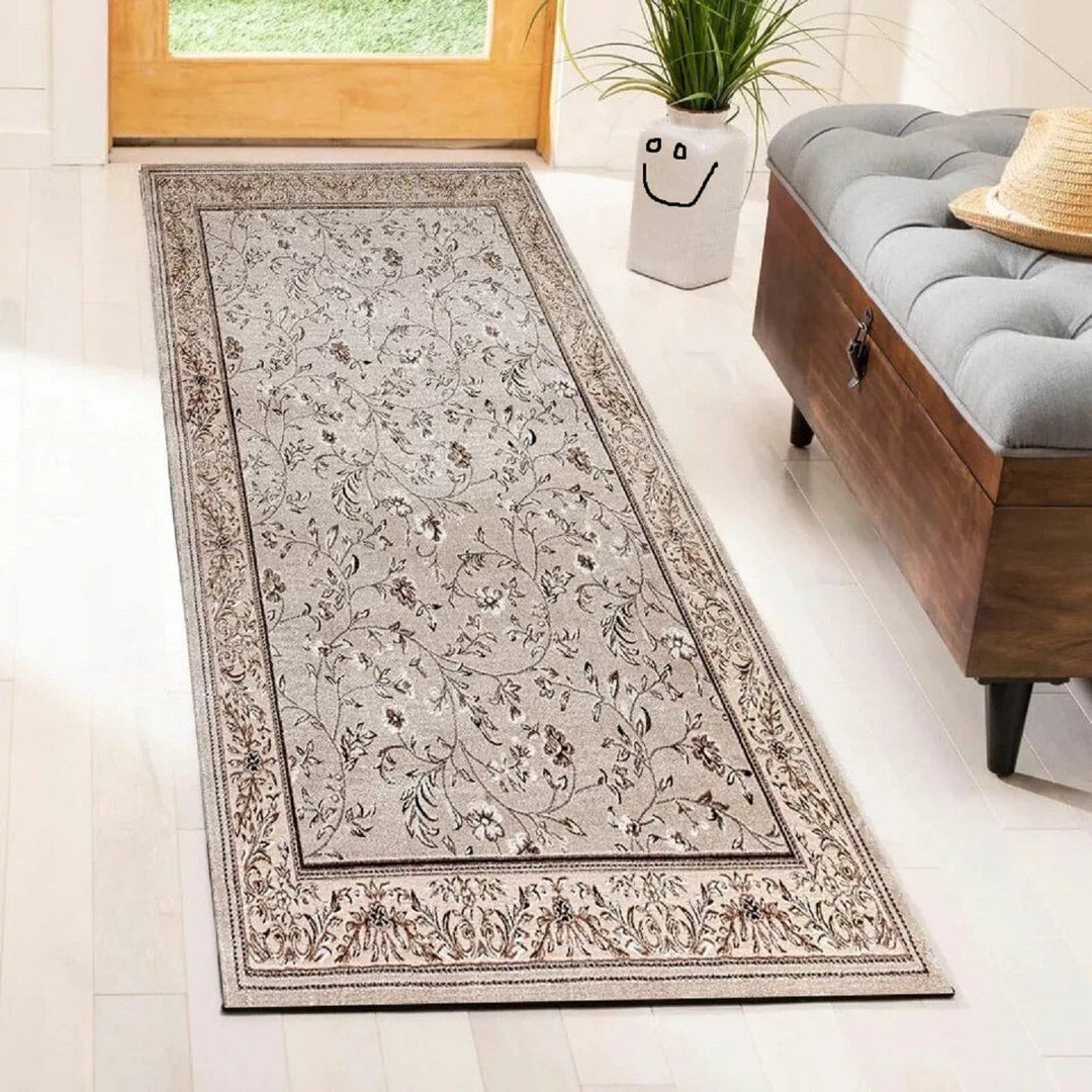 Rosalind Wheeler Floral Flatweave Flokati Area Rug Beige Round 120 cm