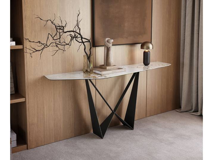 Konsolentisch Edge Polygonal 180x50 cm Keramik Minas Melange Weiß-Beige Spios Metall Schwarz, Konsolentische