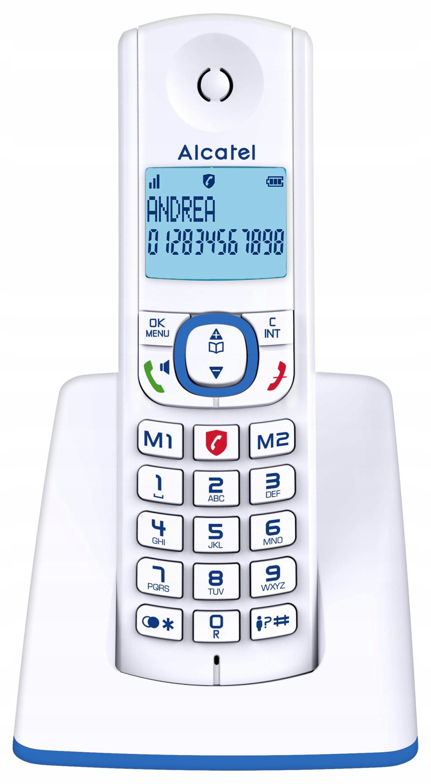 Alcatel F530 DECT-telefoon met draadloze headset en luidsprekerfunctie, Blauw/Wit