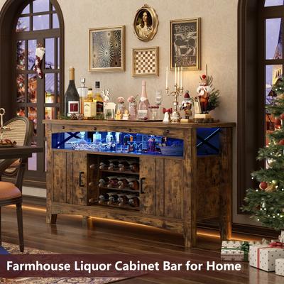 Rackcog "Farmhouse 47"" Wine Bar Cabinet with Power Outlets & LED Lights, Industrial Coffee Bar Liquor Cabinet with Shelves & Wine Rack"