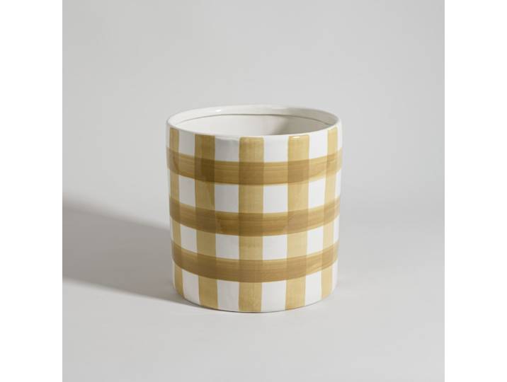 Steingut-Pflanztopf mit weiß-haselnussfarbenem Vichy-Karo-Muster, H 22 cm